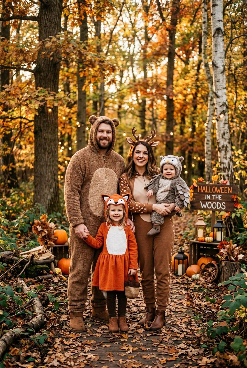 A family Halloween costume setup with parents and children dressed as cozy forest animals including a deer, fox, and baby owl, rustic forest outdoor setting