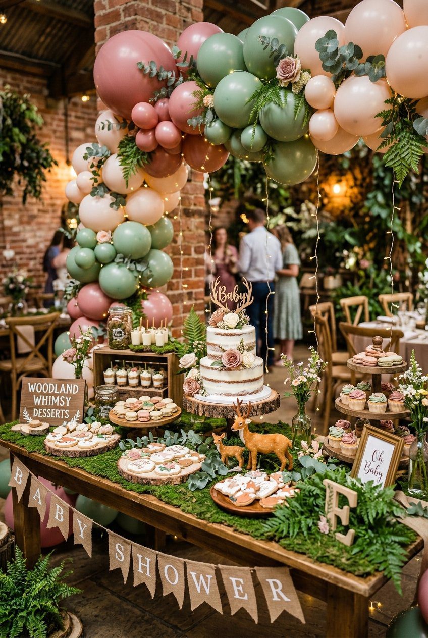 A baby shower dessert table featuring a woodland animal theme cake, rustic wooden deer figurines, sage green balloons, and fresh ferns