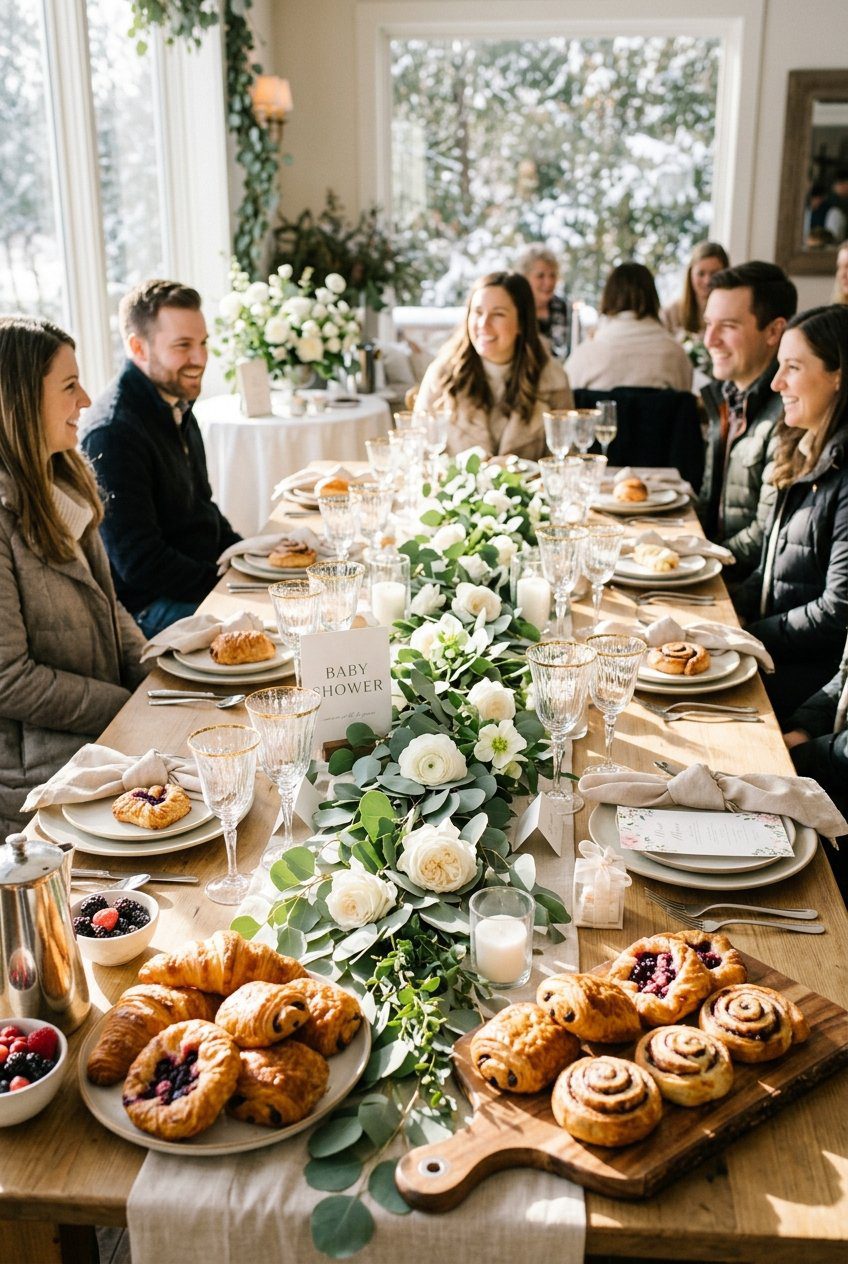 A bright winter brunch table set with eucalyptus, white roses, glass goblets, and fresh pastries