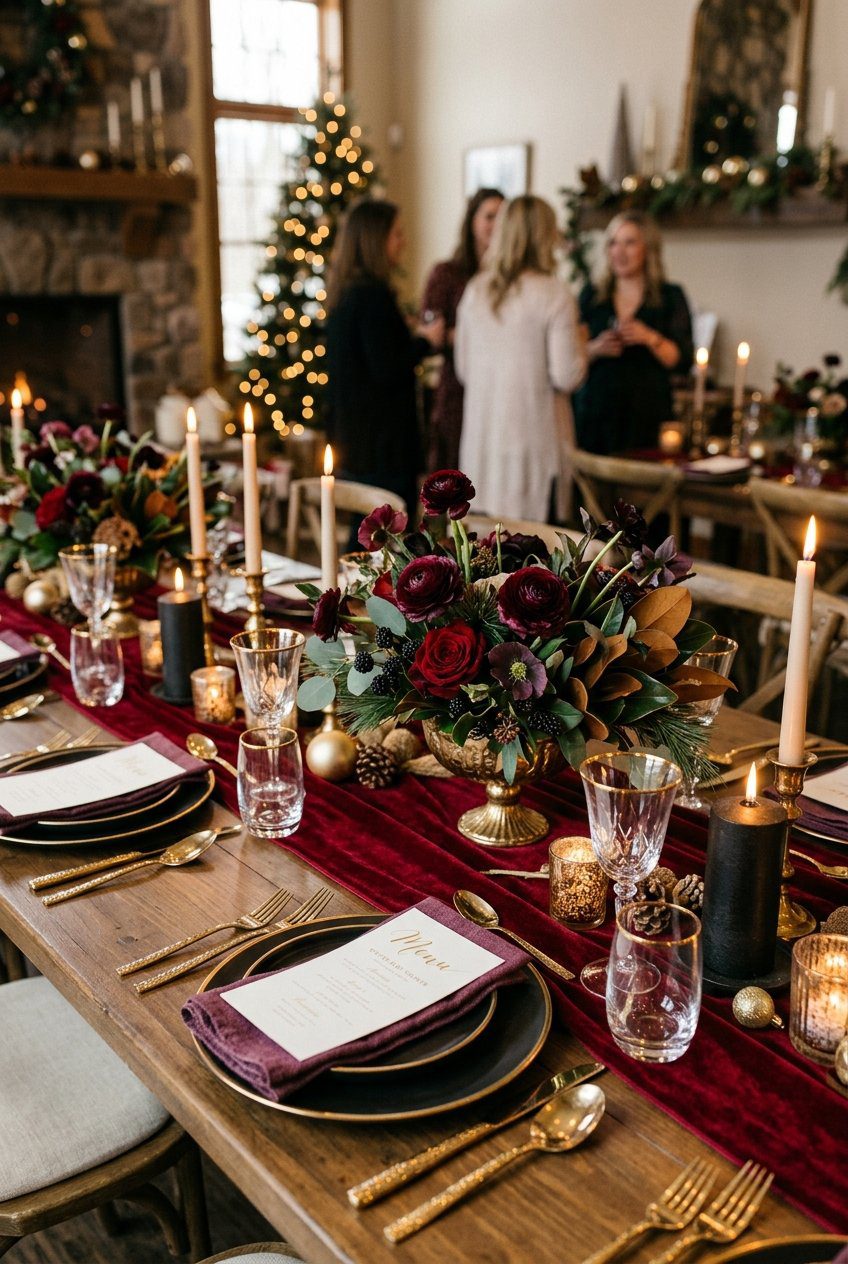 A rich winter table setting featuring deep cranberry red velvet runners, gold cutlery, and floral arrangements