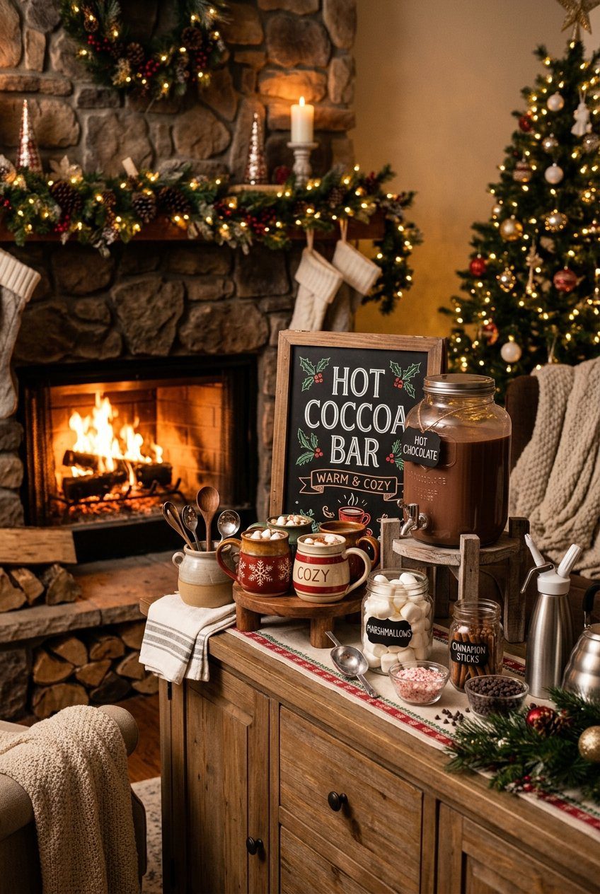 A hot cocoa bar station set up near a stone fireplace with ceramic mugs, marshmallows, and cinnamon sticks