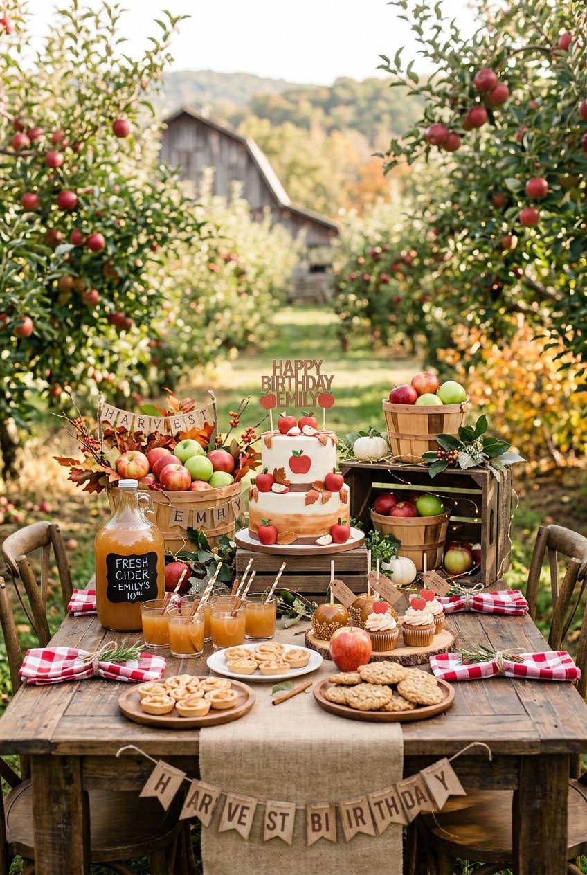 An apple orchard themed birthday dessert table with fresh red apples, cider jugs, and plaid napkins