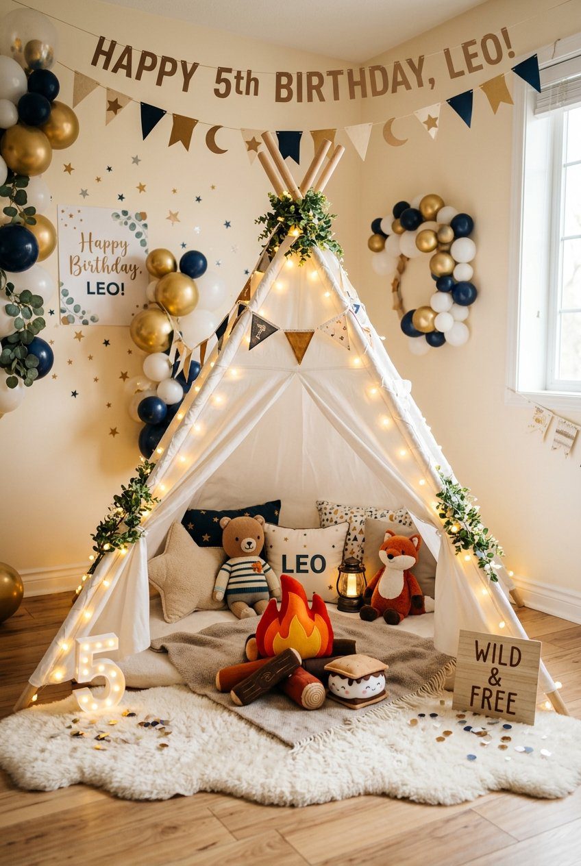 An indoor mini teepee setup with campfire plushies, string lights, and starry banners