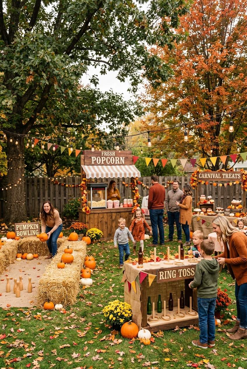 An outdoor fall carnival party setup with ring toss games, pumpkin bowling, and popcorn stands
