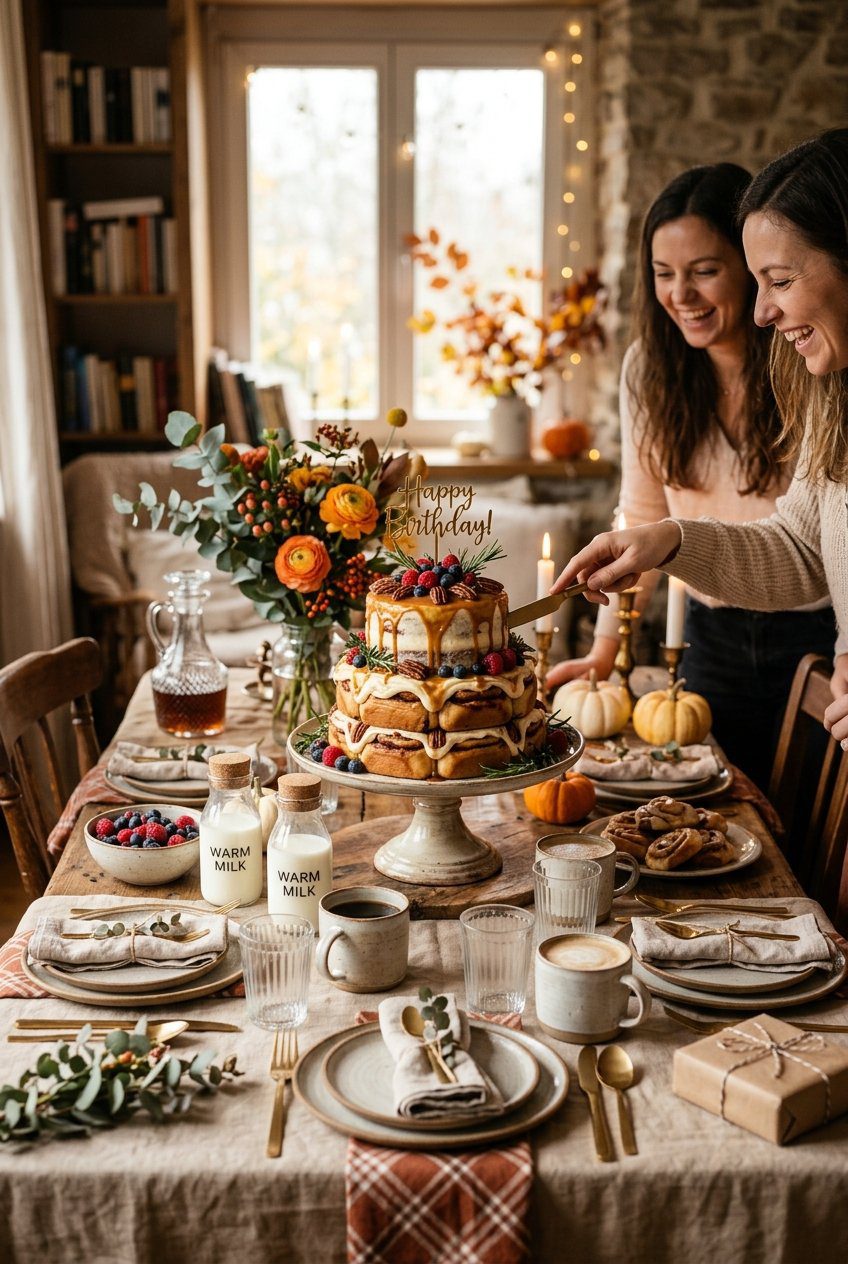 A cozy morning birthday brunch table with a tiered cinnamon roll cake and warm milk bottles