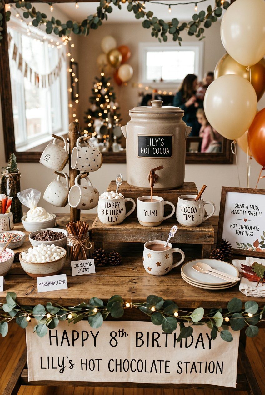 A hot chocolate birthday station with ceramic mugs, marshmallow bowls, and cinnamon stick stirrers