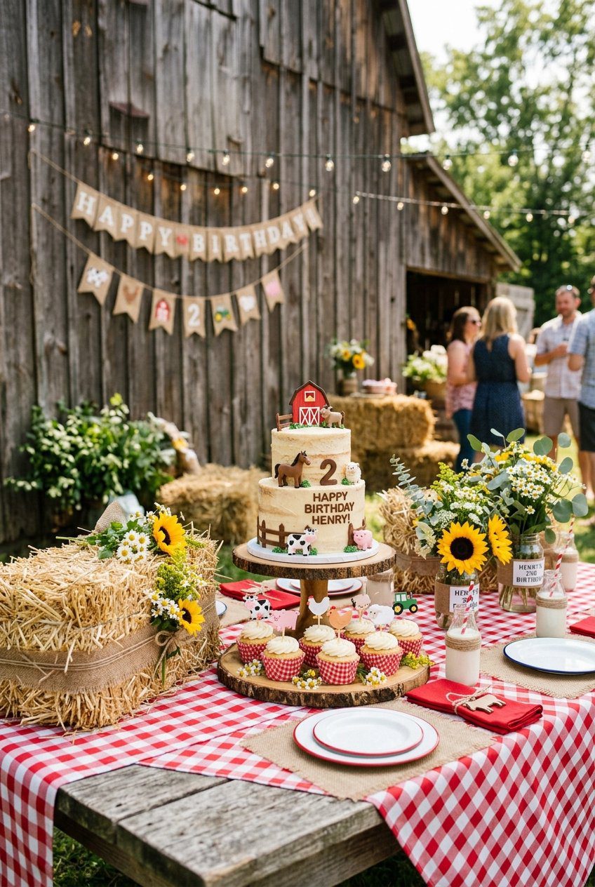 A rustic barnyard birthday table with mini hay bales, red gingham tablecloths, and farm animal toppers