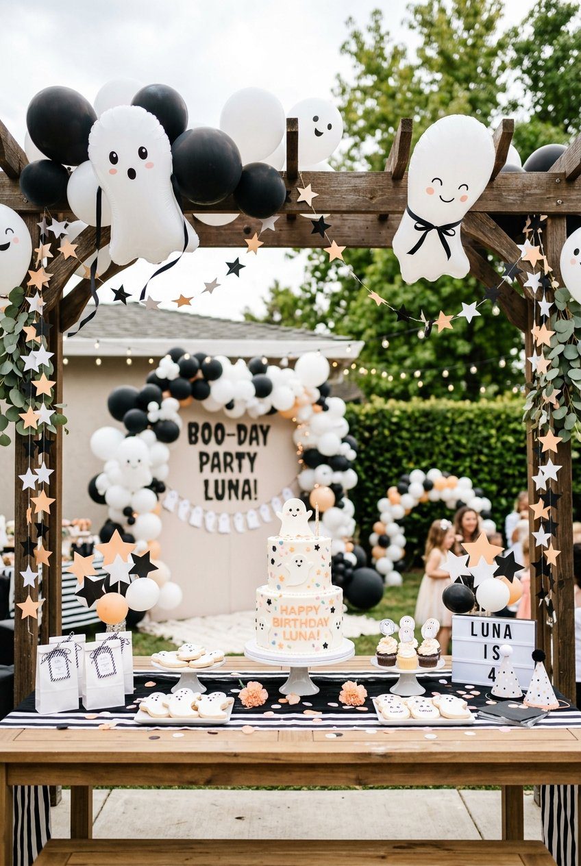 A cute black and white friendly ghost birthday party setup with balloon ghosts and star garlands