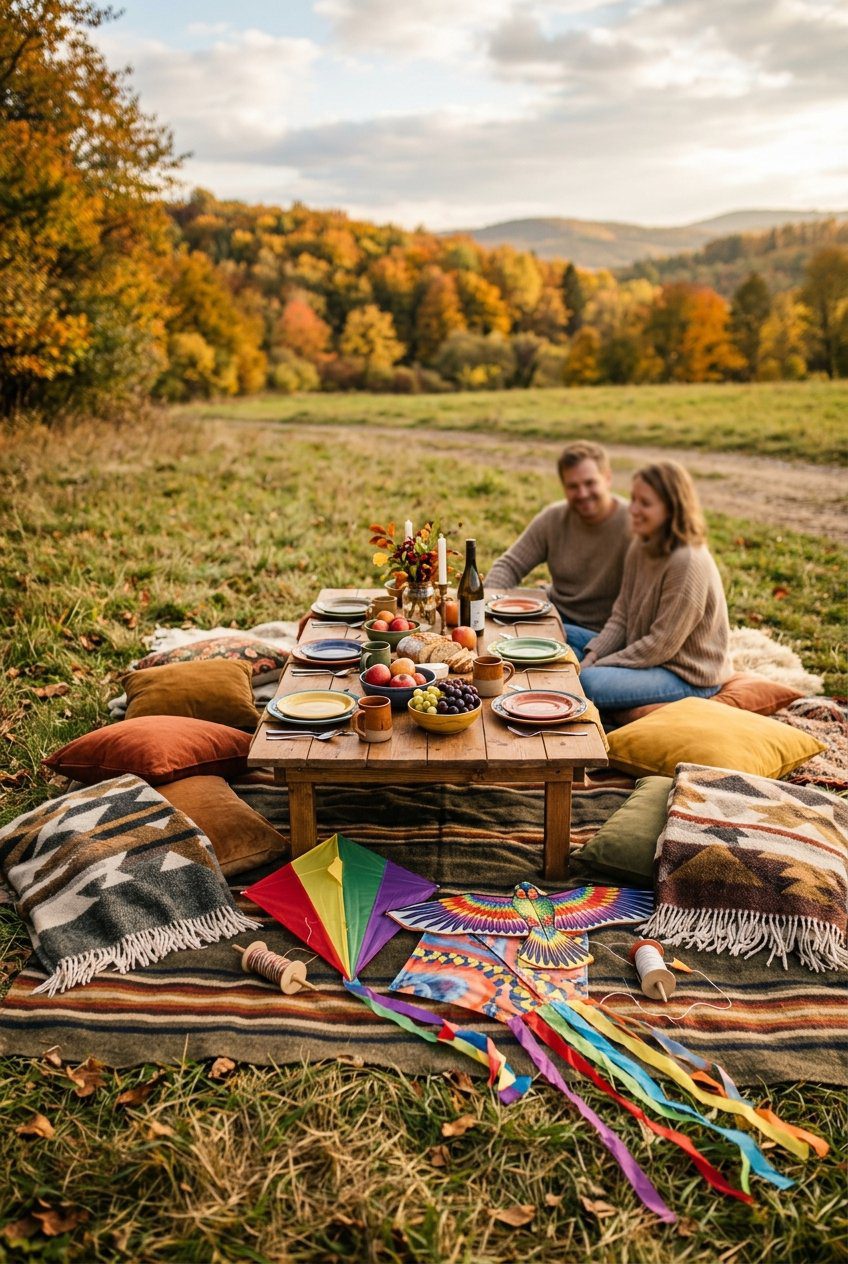 A low outdoor picnic table with cozy floor cushions, woven blankets, and colorful kites resting on grass