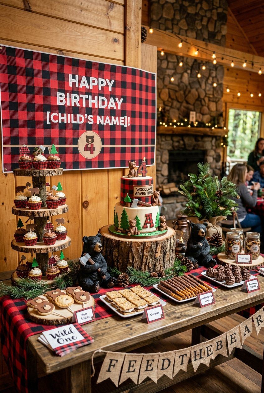 A buffalo plaid lumberjack birthday dessert table with log cake stands and bear decorations