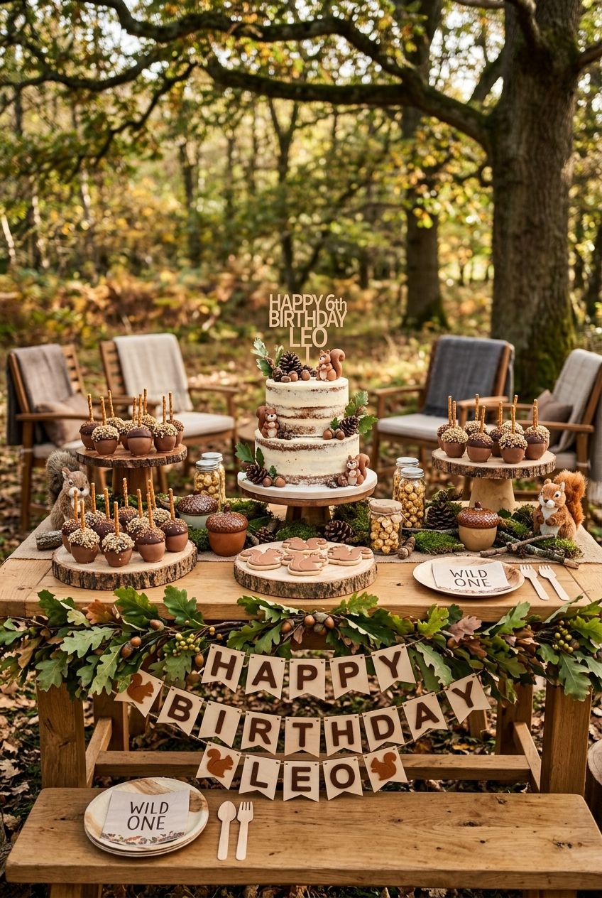 A woodland squirrel themed birthday table with oak leaf garlands and acorn shaped cake pops