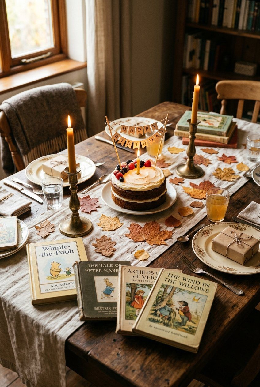 A nostalgic birthday table with vintage children's books, pressed autumn leaf confetti, and brass candle holders