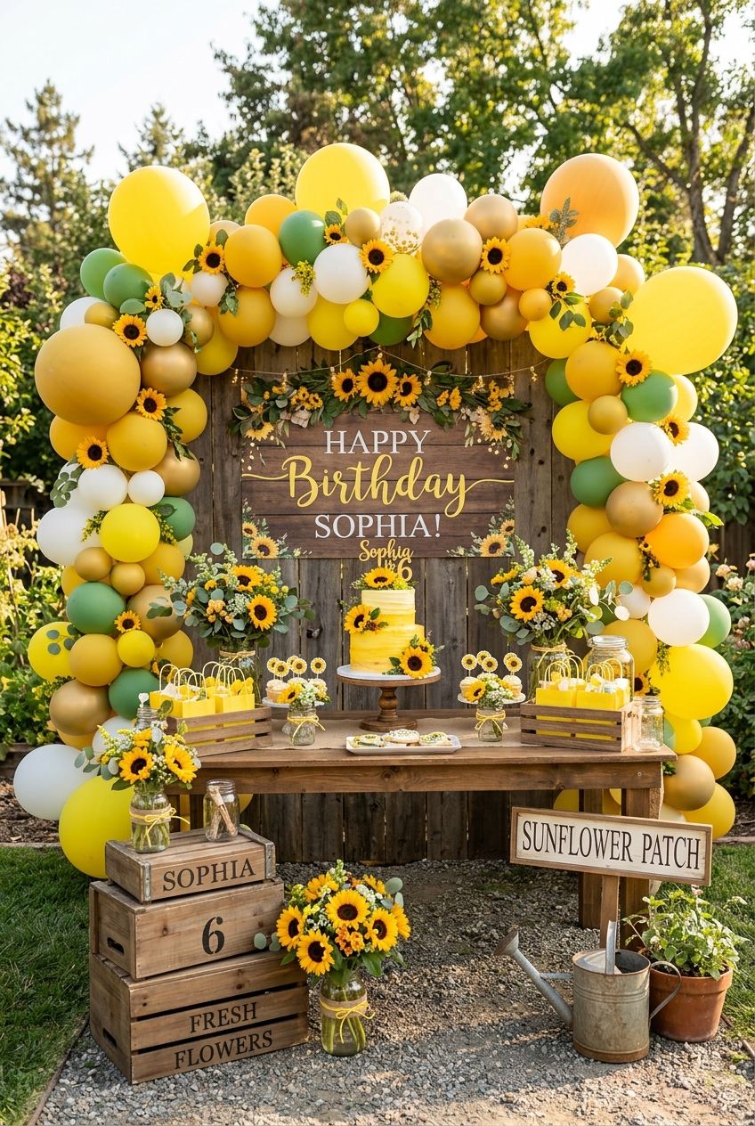 A vibrant sunflower themed birthday display with yellow balloon arches and wooden crates