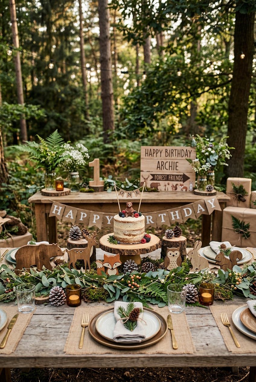 A rustic woodland birthday table with wooden animal cutouts, greenery, and pinecone accents
