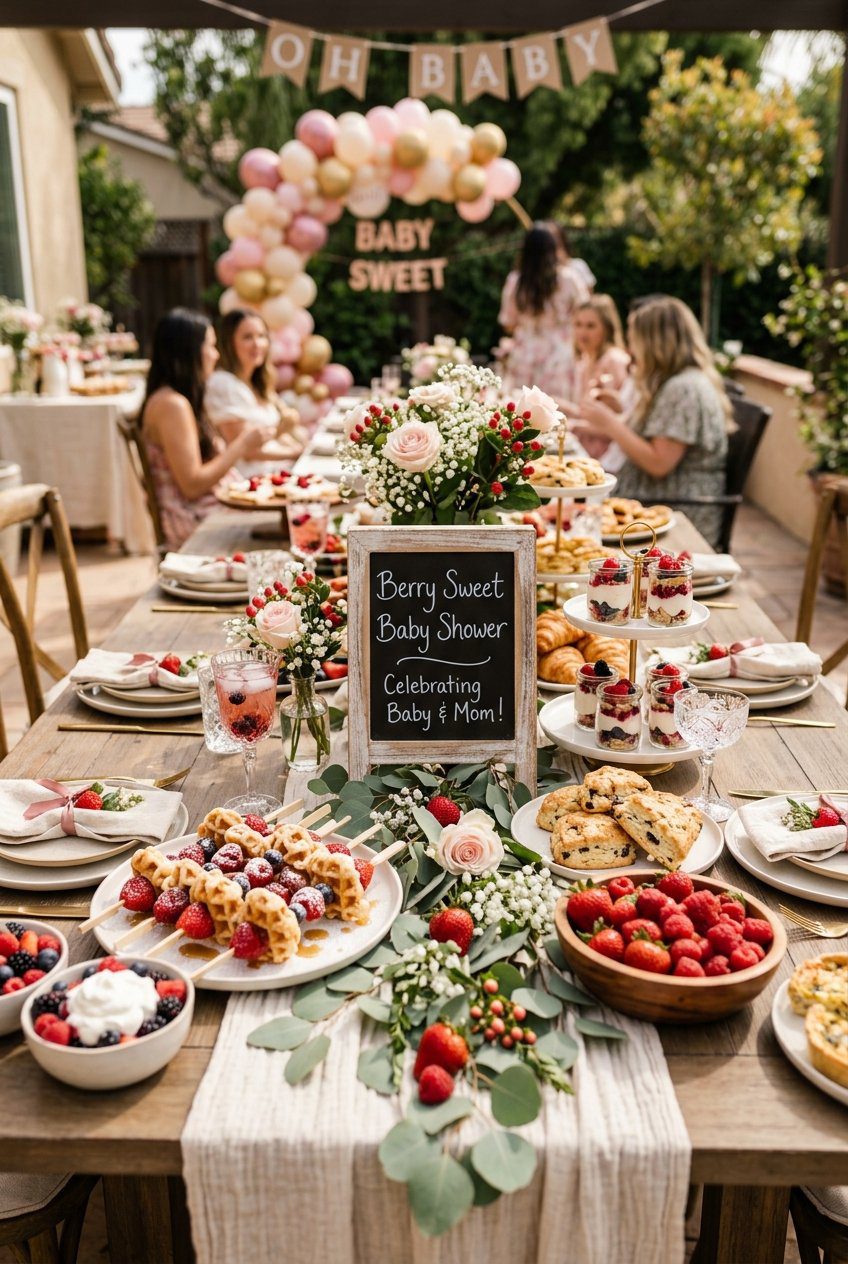 A berry sweet baby shower brunch table set with fresh strawberries, waffle skewers, and cream linens
