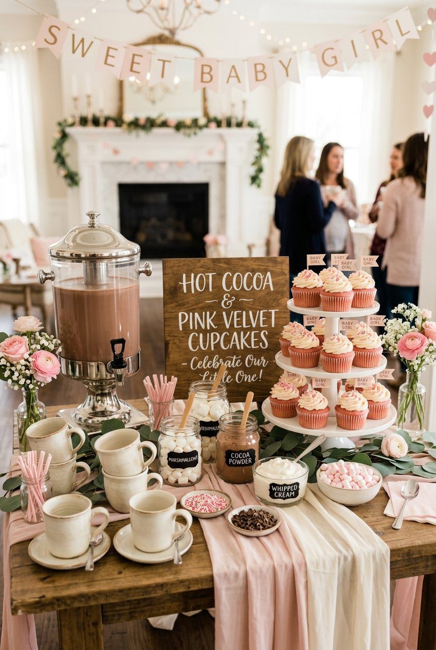 A hot cocoa and pink velvet cupcake station with ceramic mugs and berry toppings