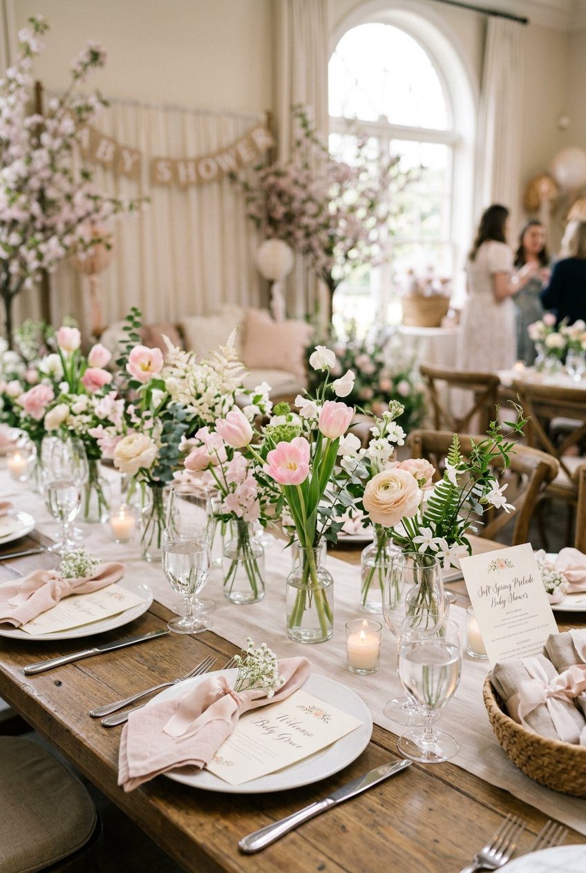 A soft spring prelude baby shower table setting featuring pink tulips, ranunculus, and delicate greenery