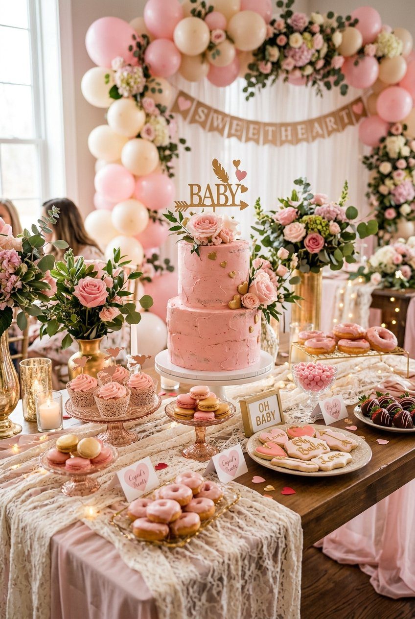 A sweetheart themed baby shower dessert table with pink cake, Cupid arrow toppers, and lace runners