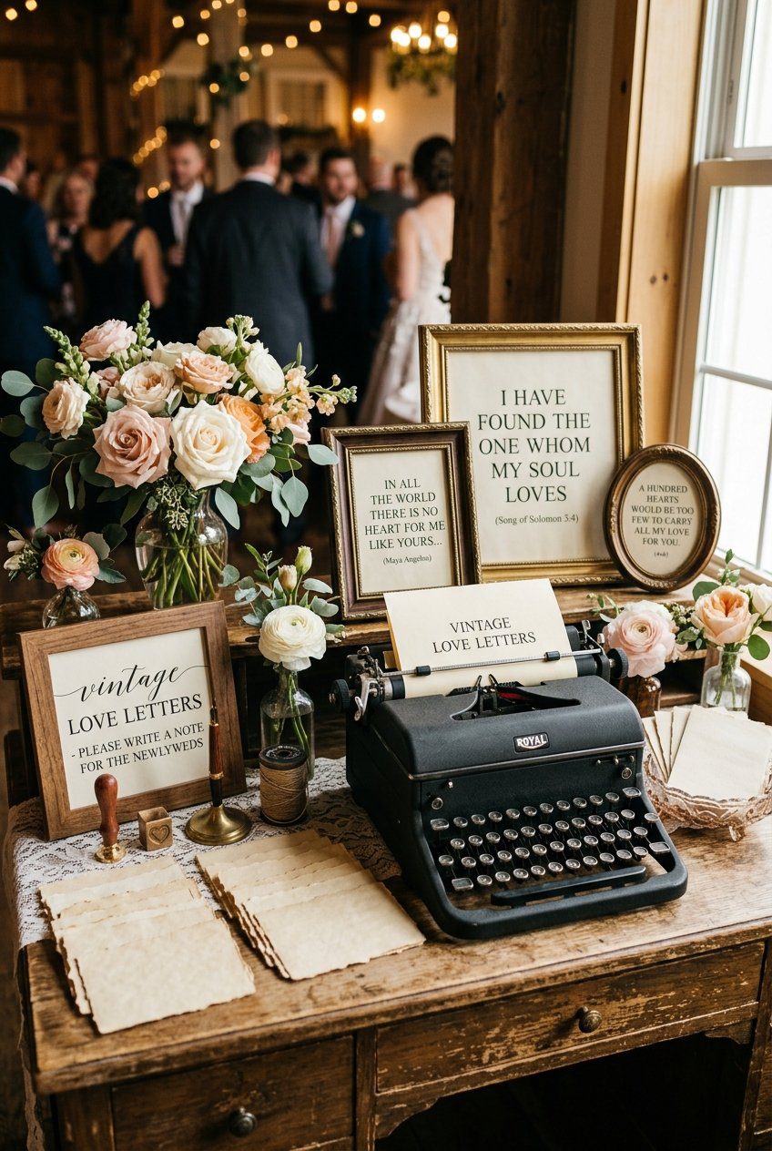 A vintage love letter guest book station with a vintage typewriter, parchment notes, and floral accents