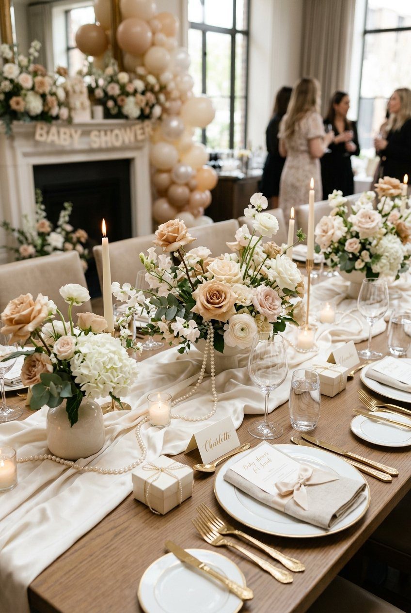 An understated luxury baby shower table setting featuring faux pearl strands, ivory satin ribbons, and nude florals