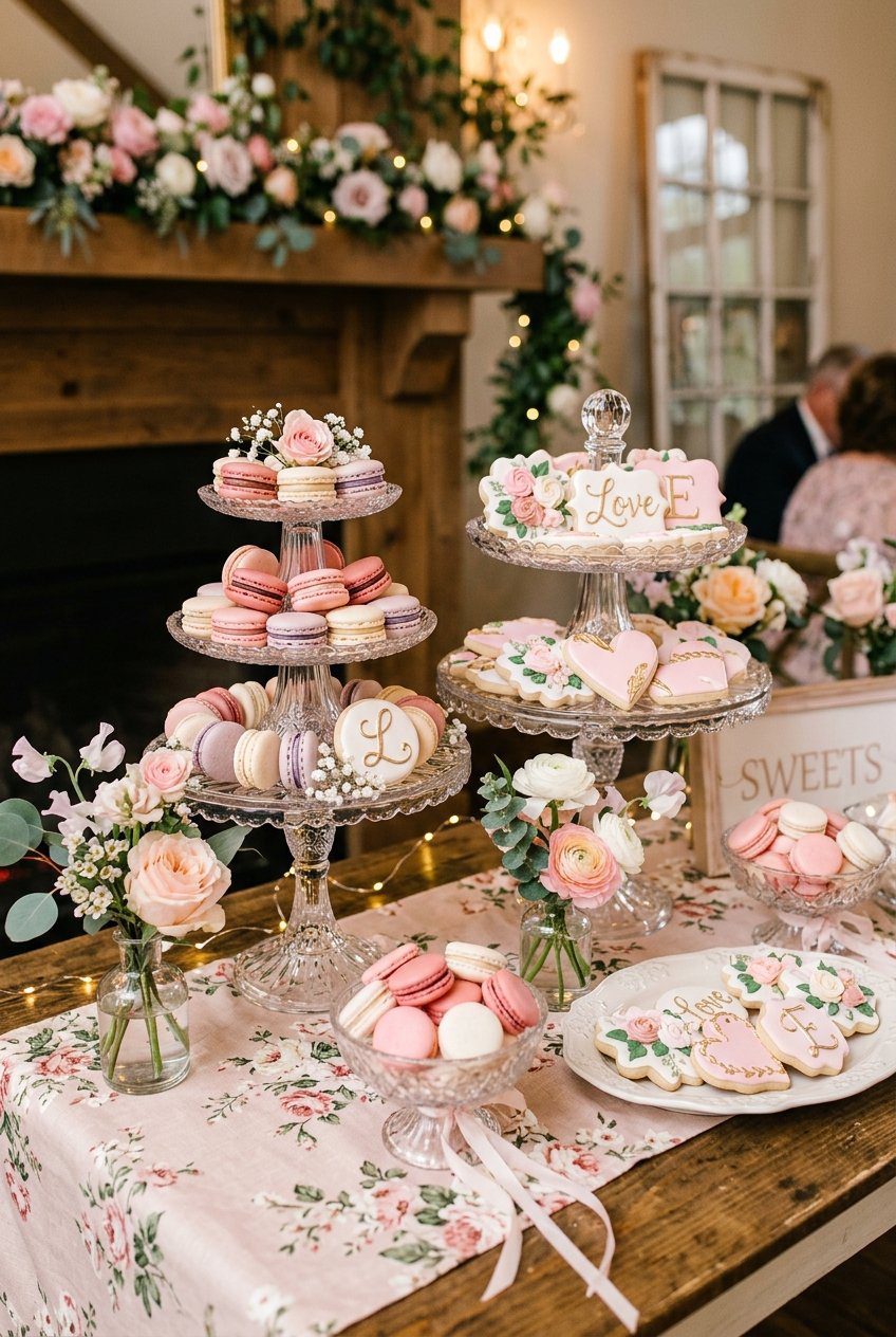 A pastel pink dessert display featuring French macarons, sugar cookies, and tiered cake stands