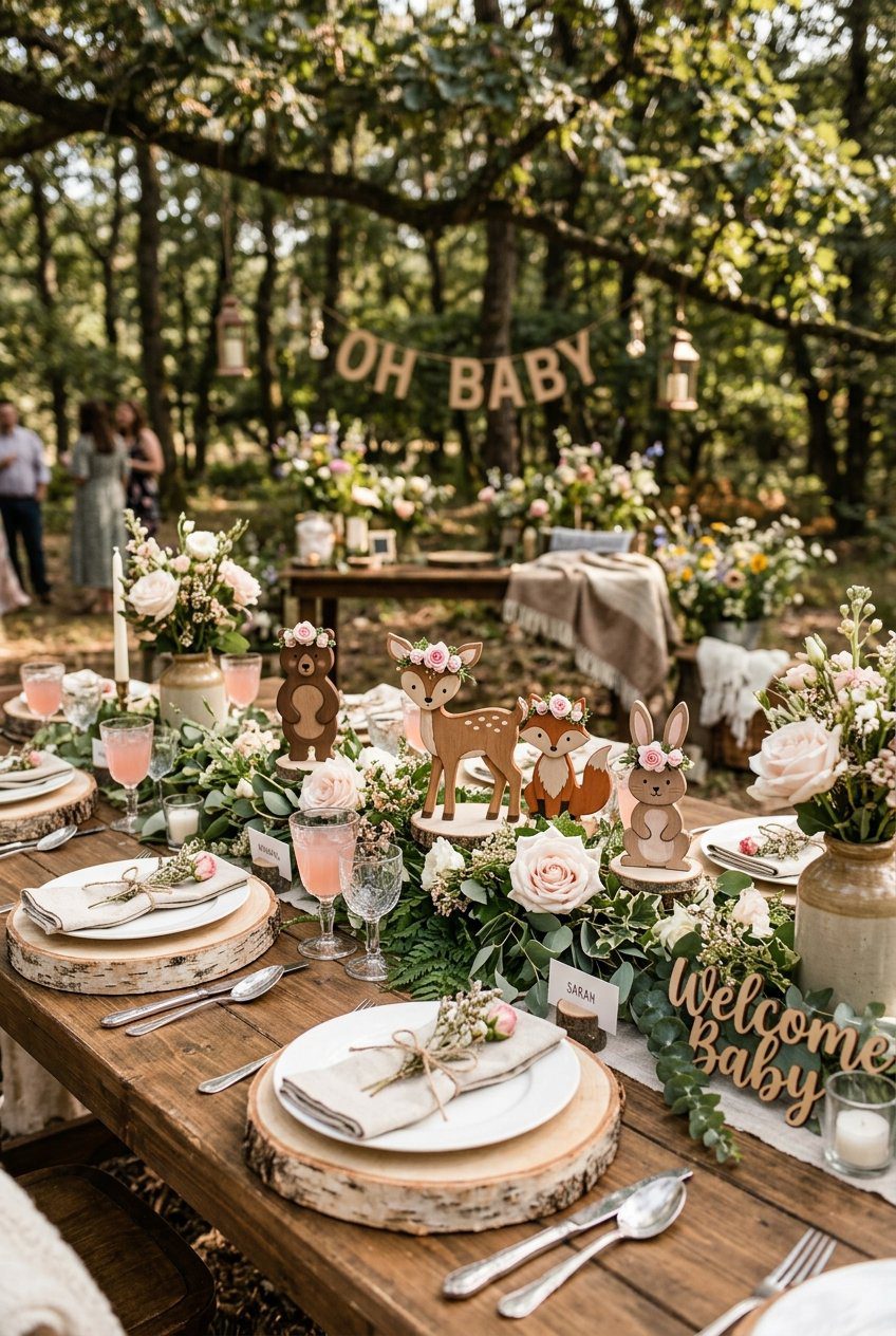 A rustic woodland baby shower table with wooden animal toppers wearing pink floral crowns