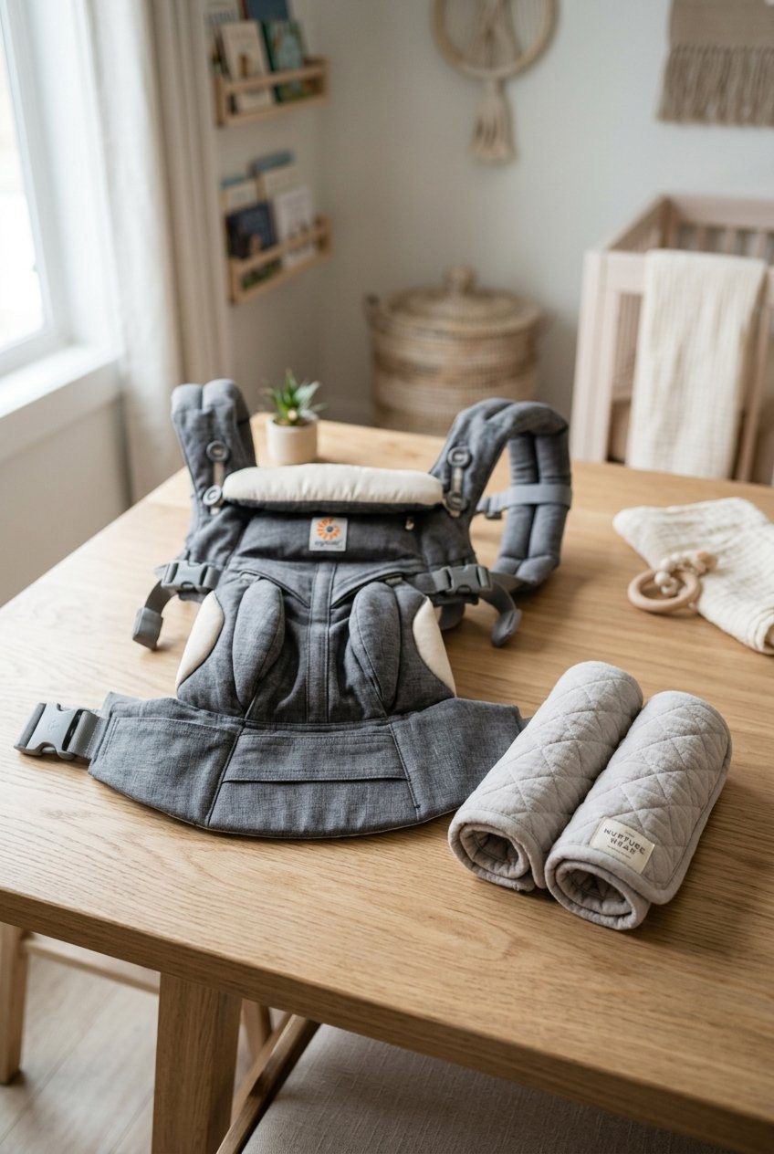 An ergonomic structured baby carrier displayed alongside soft shoulder pads