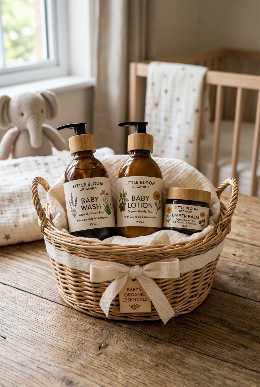 A set of organic baby wash, lotion, and diaper balm bottles styled in a woven gift basket