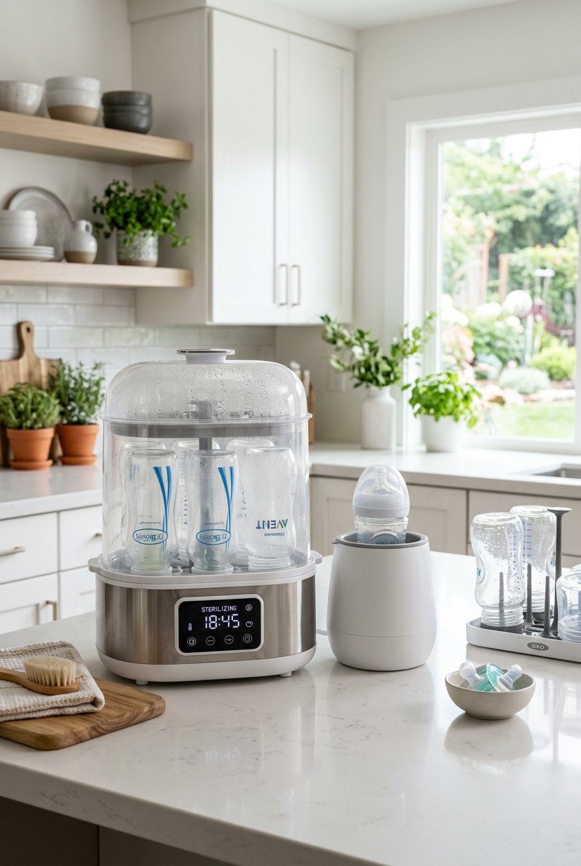 A modern countertop bottle warmer and steam sterilizer with clean glass bottles