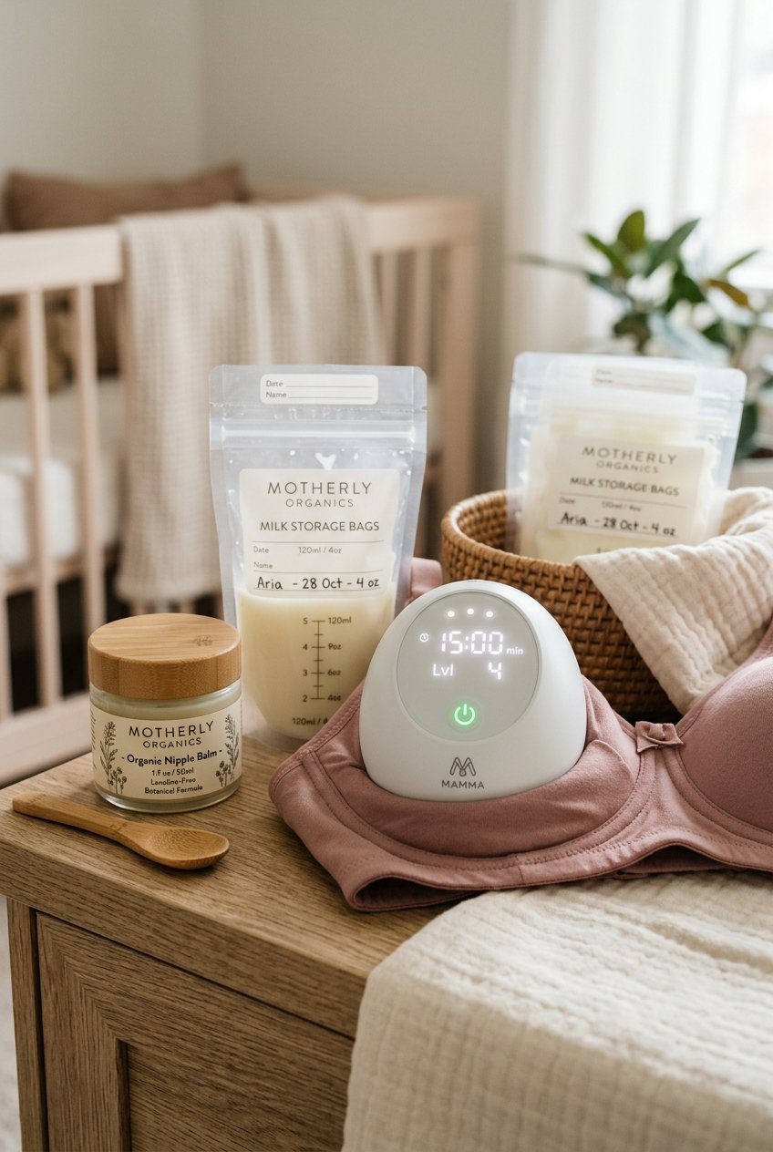 A wearable hands-free breast pump display with organic nipple balms and milk storage bags
