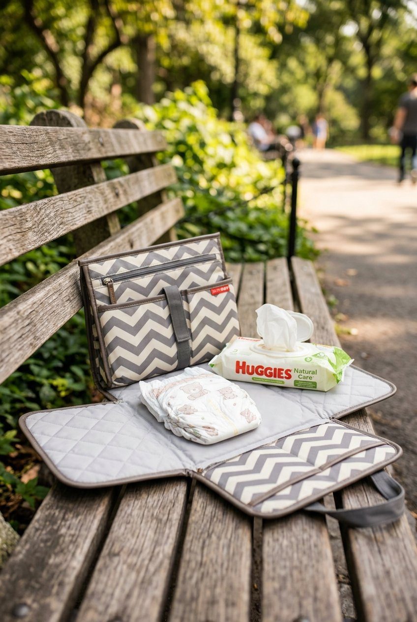 A compact foldable diaper changing pad clutch unfolded with wipes and diapers on a bench