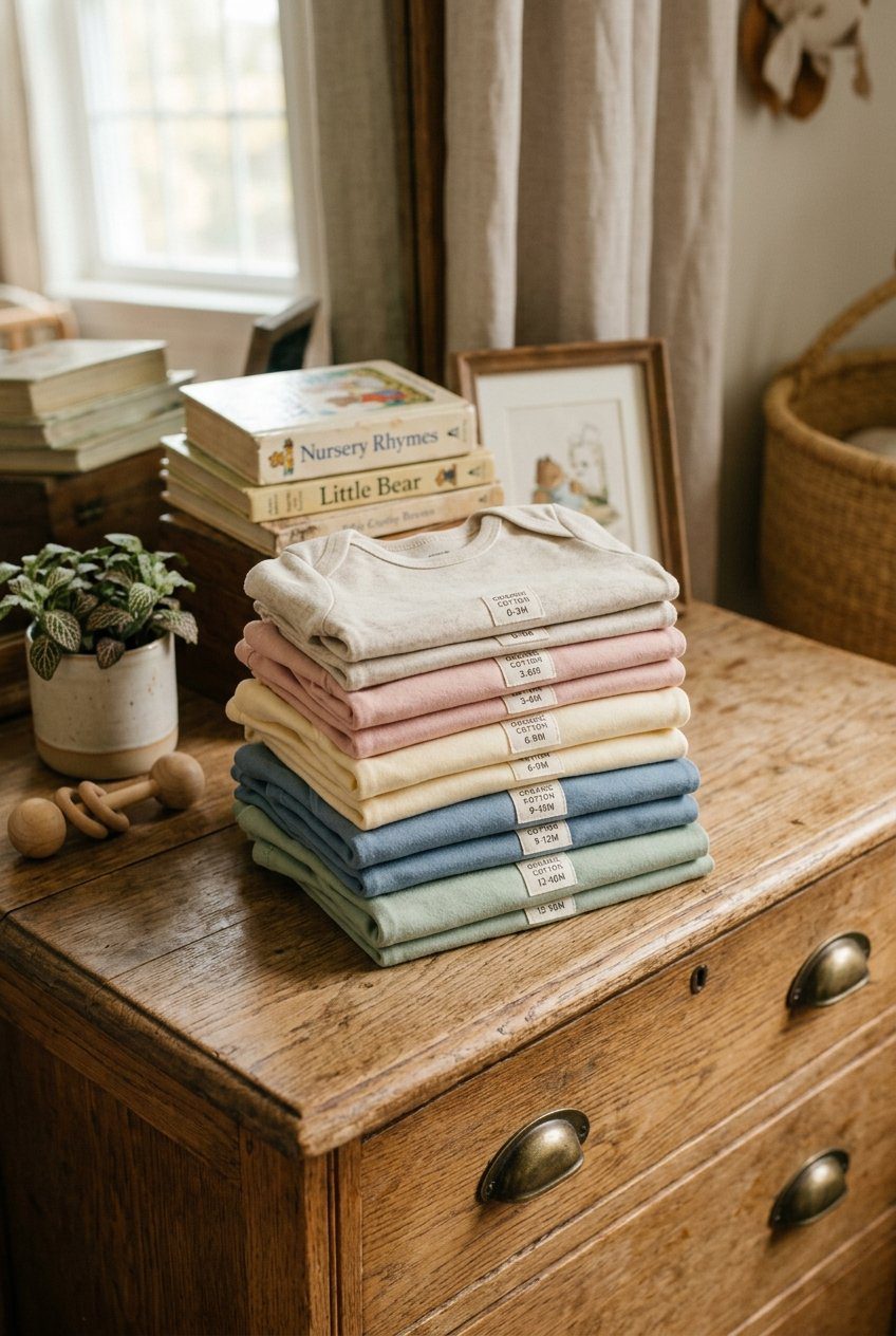 A stack of folded pastel organic cotton bodysuits in various sizes from newborn to 12 months