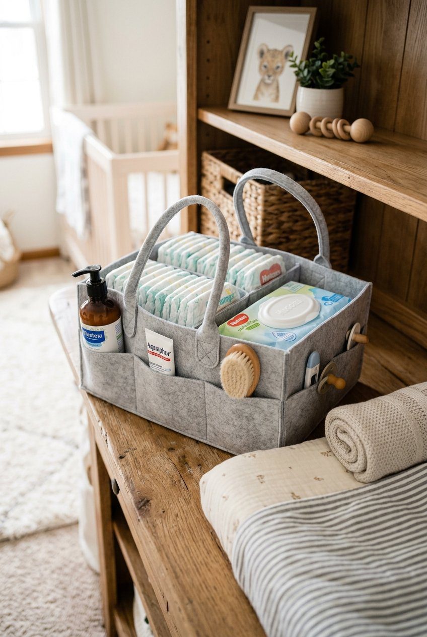 A felt diaper caddy organizer stocked with diapers, lotion bottles, and wipes on a changing table