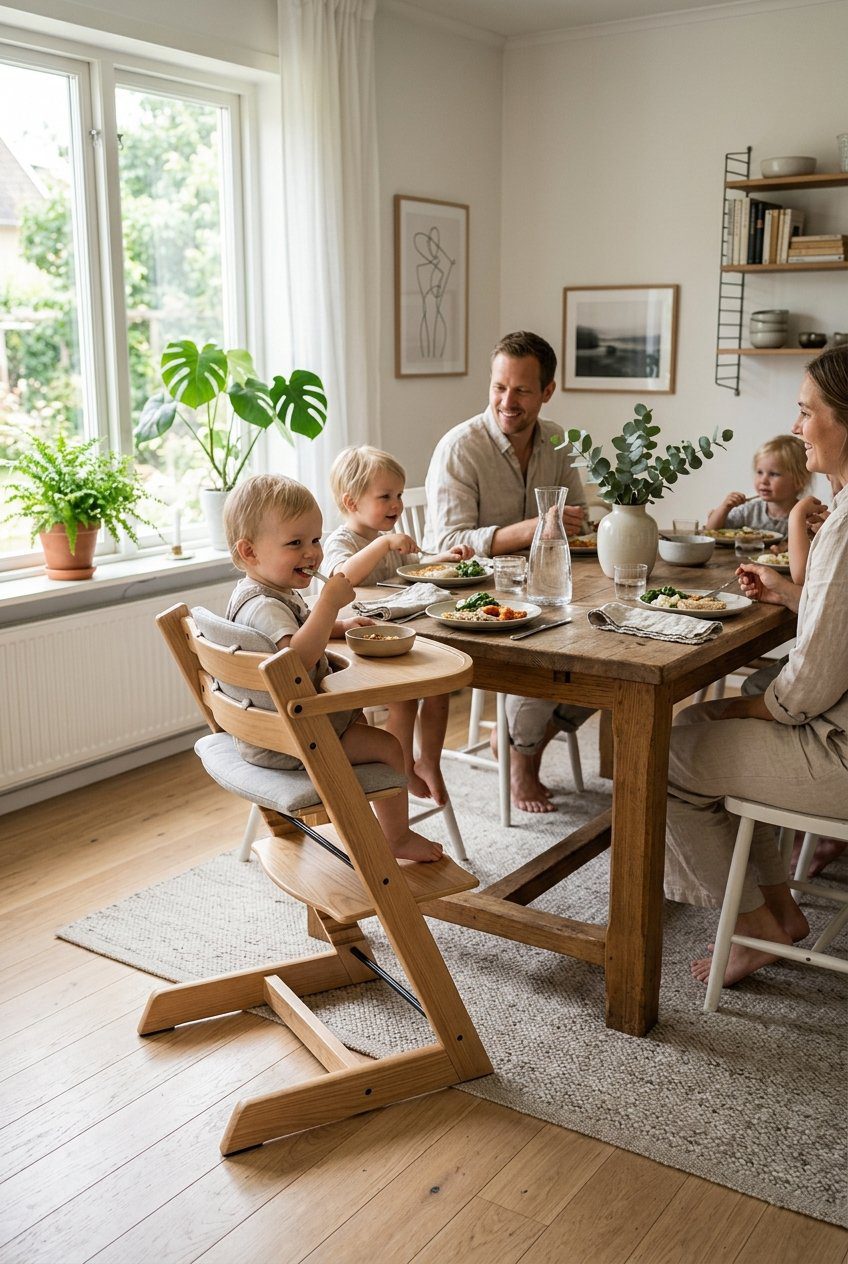 A modern wooden convertible high chair standing near a dining table in a sunlit room