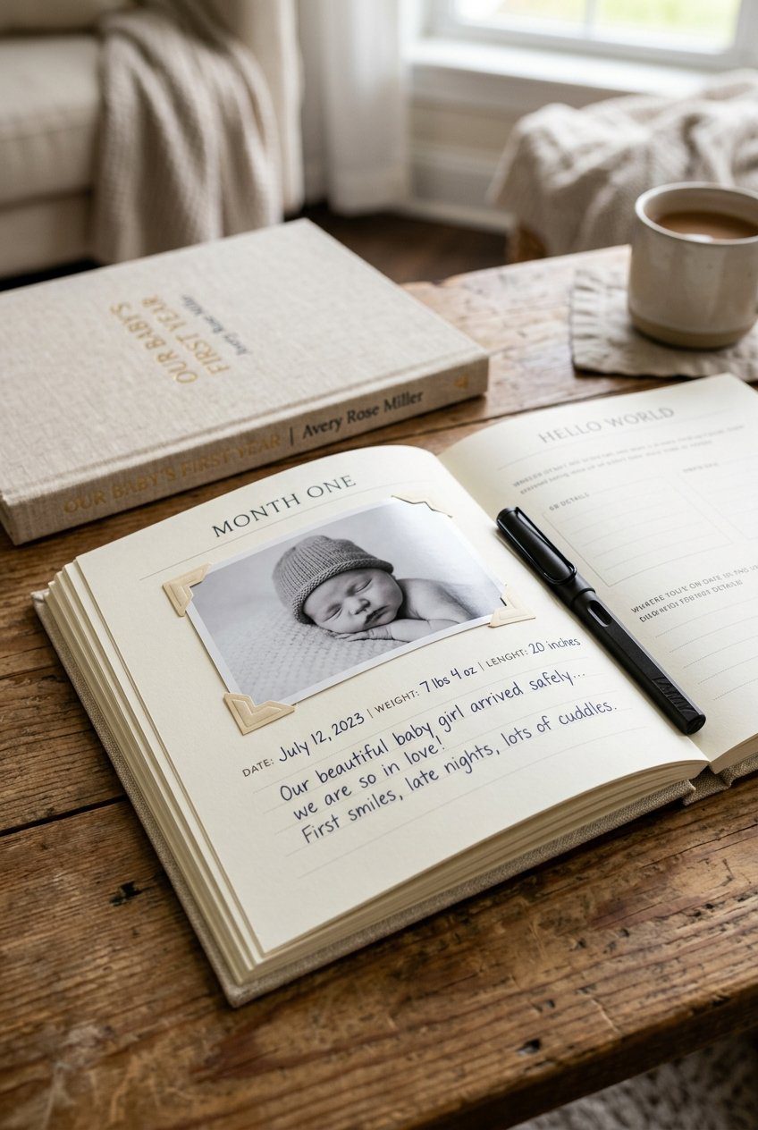 A linen-bound hardcover first-year baby memory book displayed open with photo corner stickers