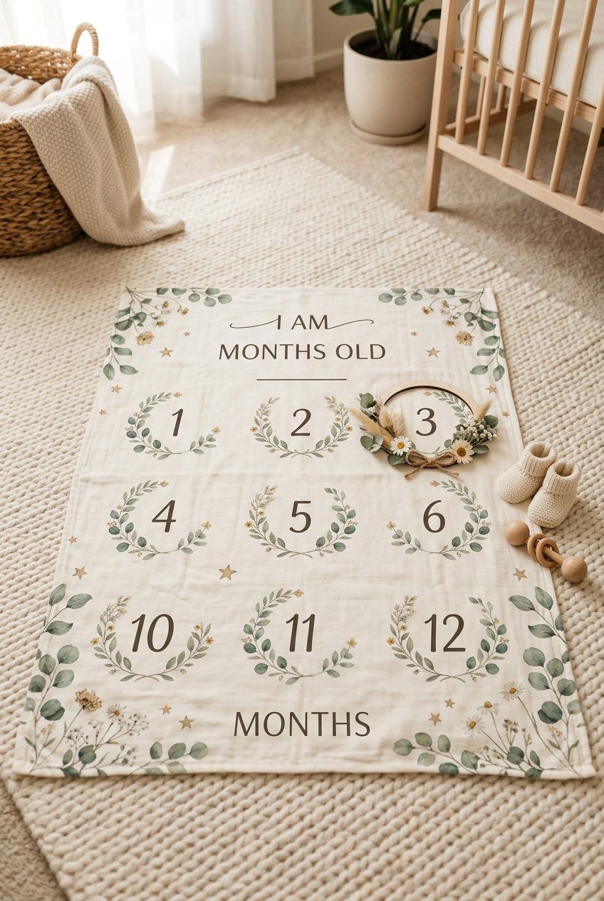A soft fleece monthly milestone blanket with a wooden wreath marker laying flat on a rug