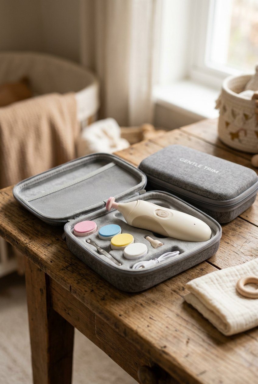 A gentle electric baby nail trimmer set with cushioned filing heads in a travel case