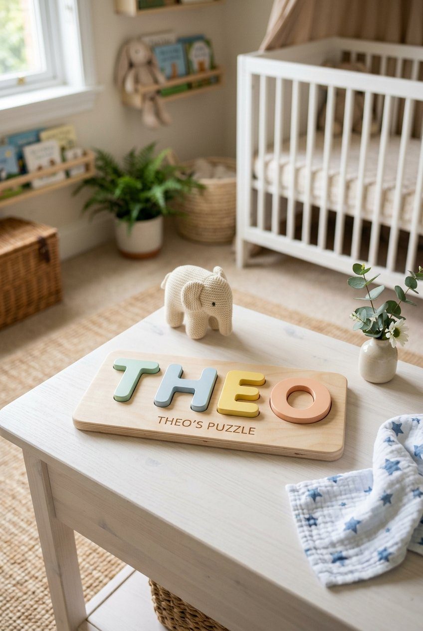 A personalized wooden name puzzle with smooth pastel letter pieces on a nursery table