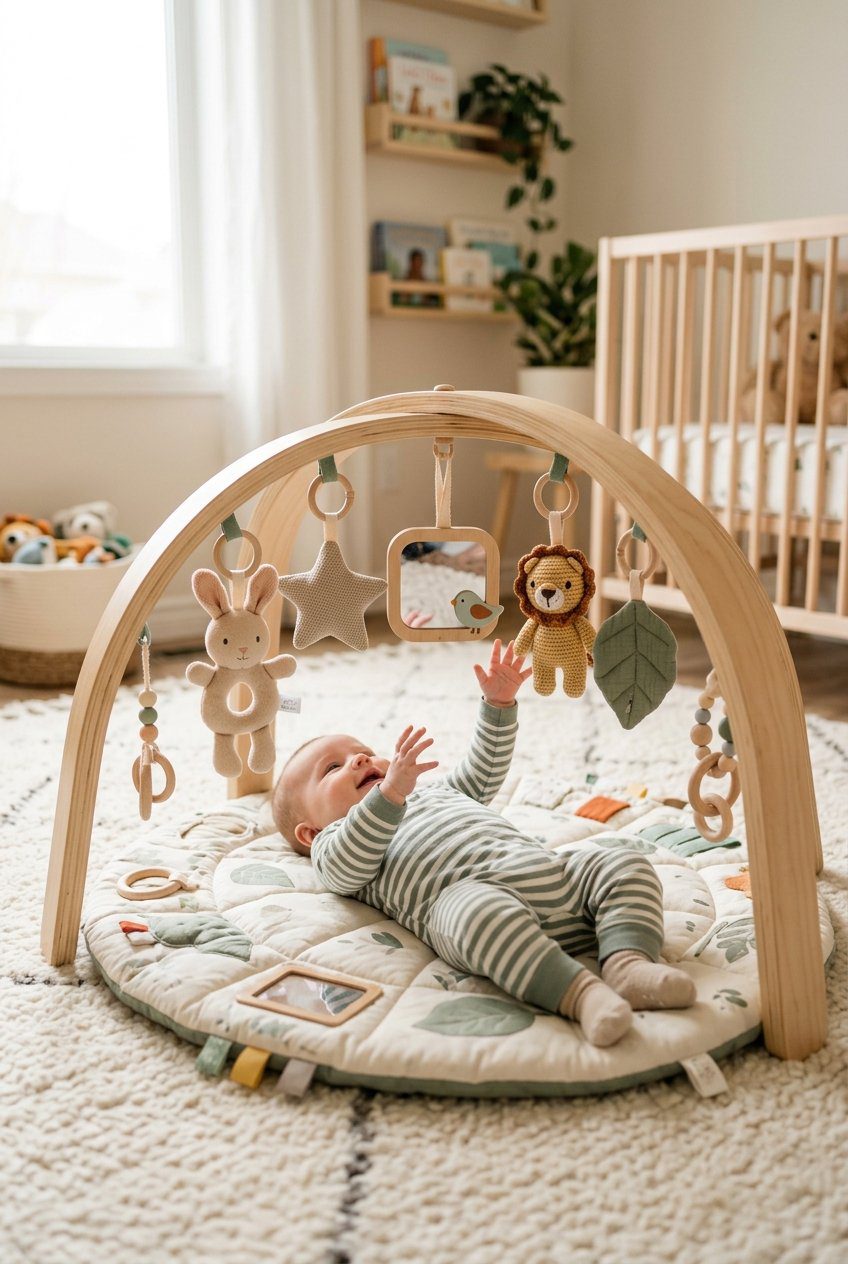 A padded infant activity play gym with hanging sensory toys, mirrors, and wooden arches