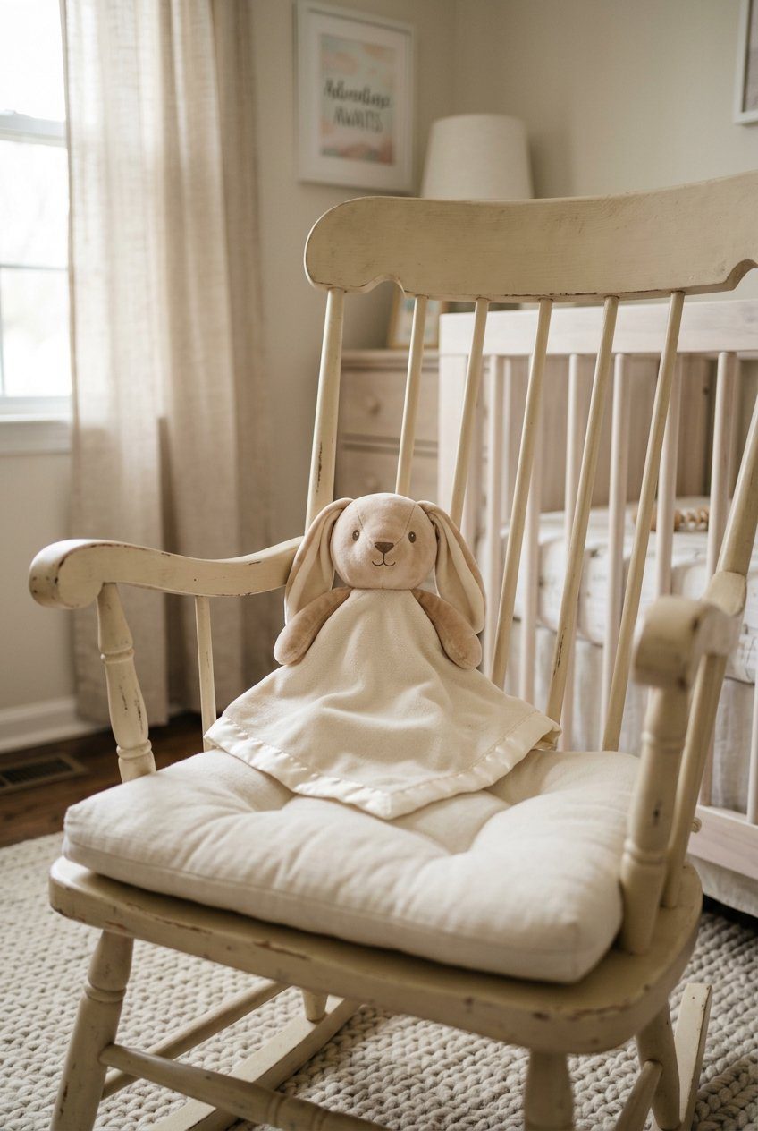 A soft velour stuffed bunny security lovey blanket sitting inside a nursery crib corner