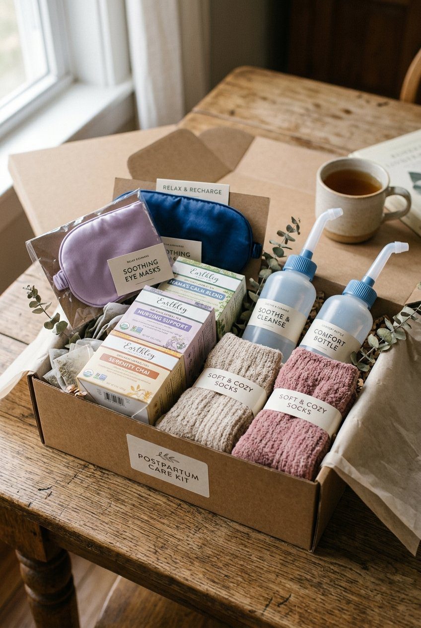 A postpartum gift box filled with soothing eye masks, herbal tea, peri bottles, and cozy socks
