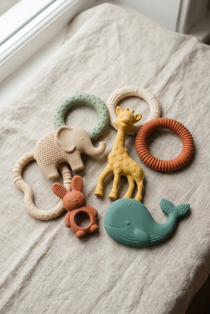 Natural rubber teether toys shaped like animals and textured rings on a clean linen background