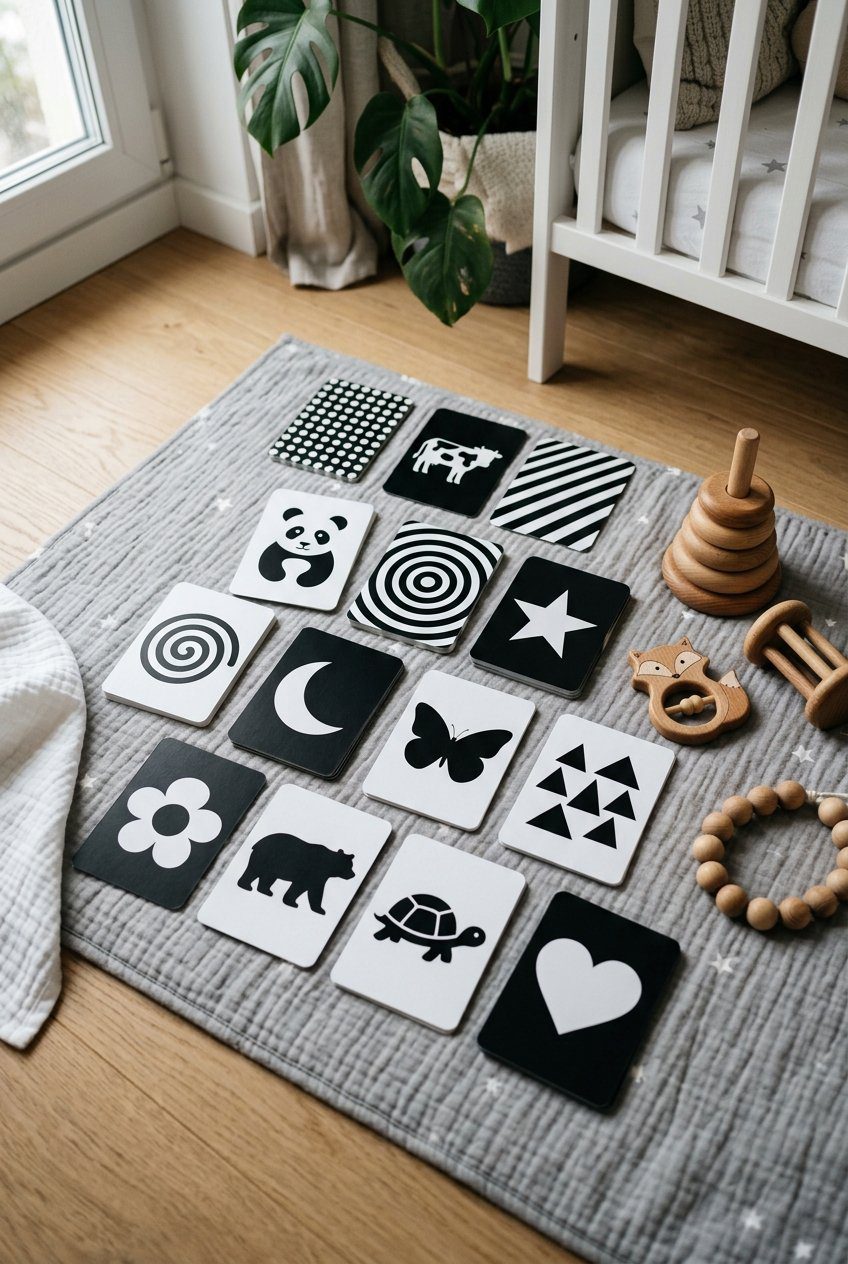A set of high-contrast black and white visual development cards arranged on a play mat