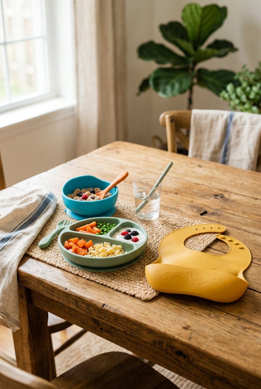 A colorful food-grade silicone suction bowl, plate, and bib set on a wooden dining table