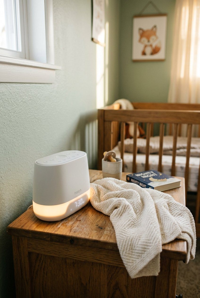A modern white noise sound machine and nightlight sitting on a wooden nursery nightstand