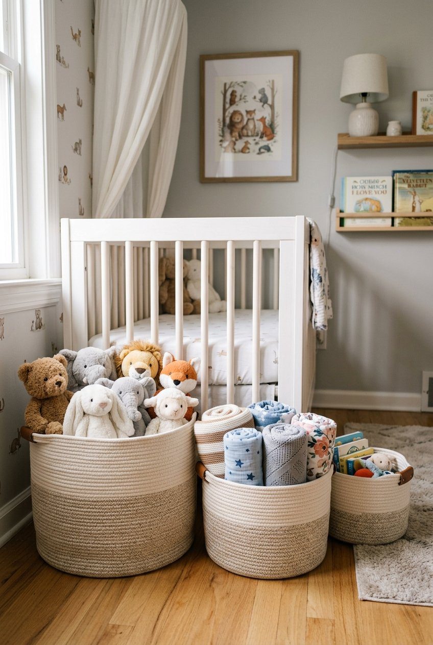 A set of woven cotton rope storage baskets holding plush toys and rolled blankets in a nursery