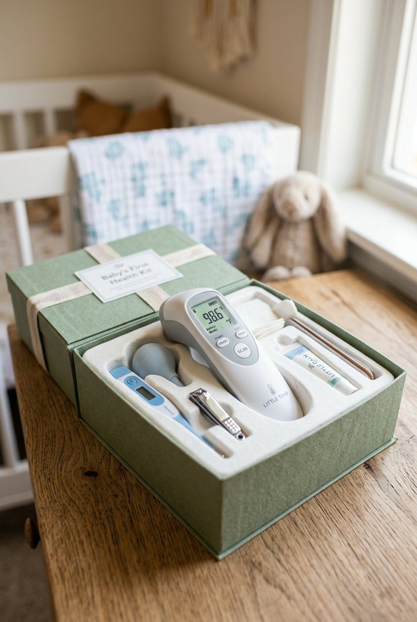 A digital touchless infrared forehead thermometer resting inside a nursery health kit box
