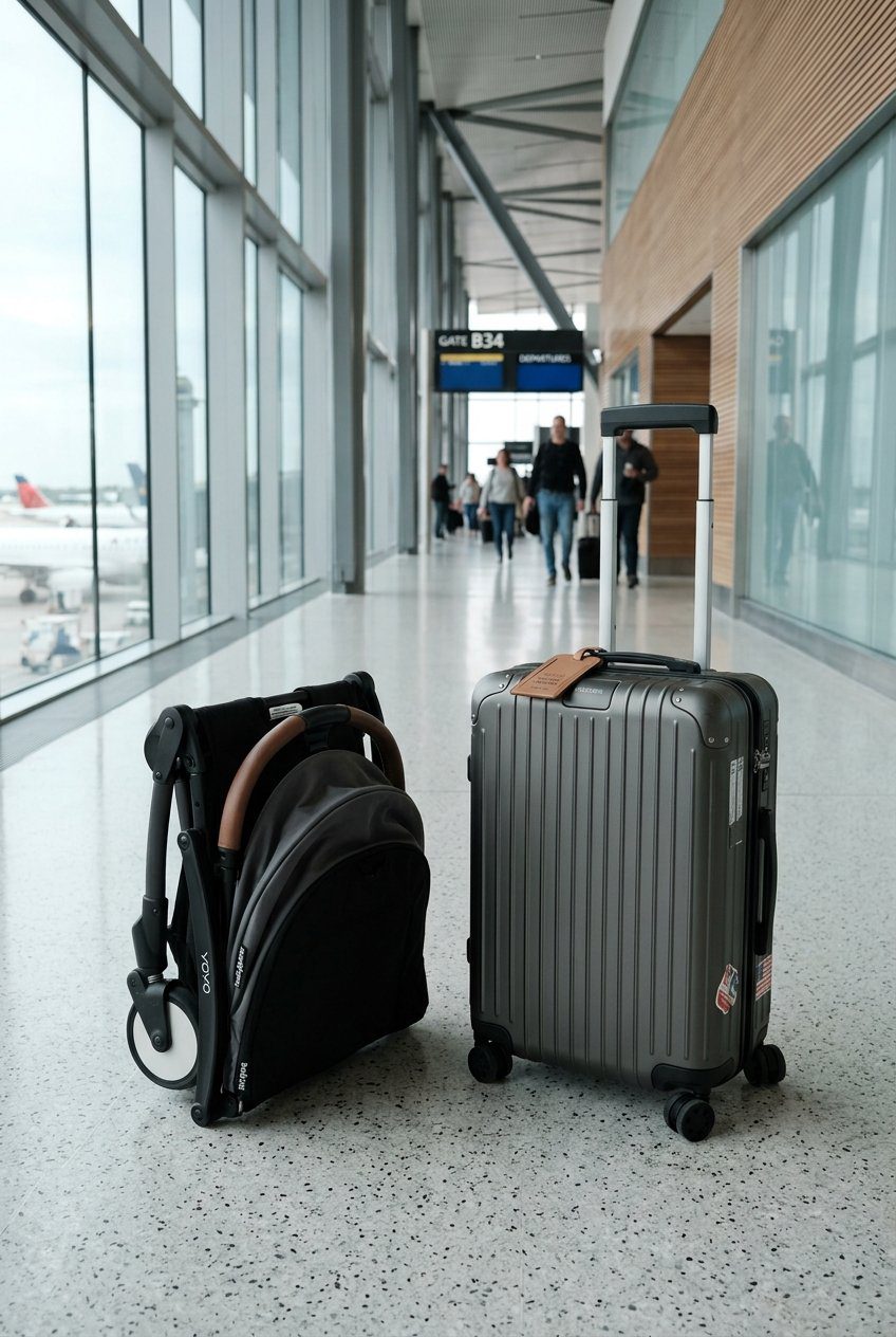 A sleek compact lightweight travel stroller folded neatly next to a luggage bag