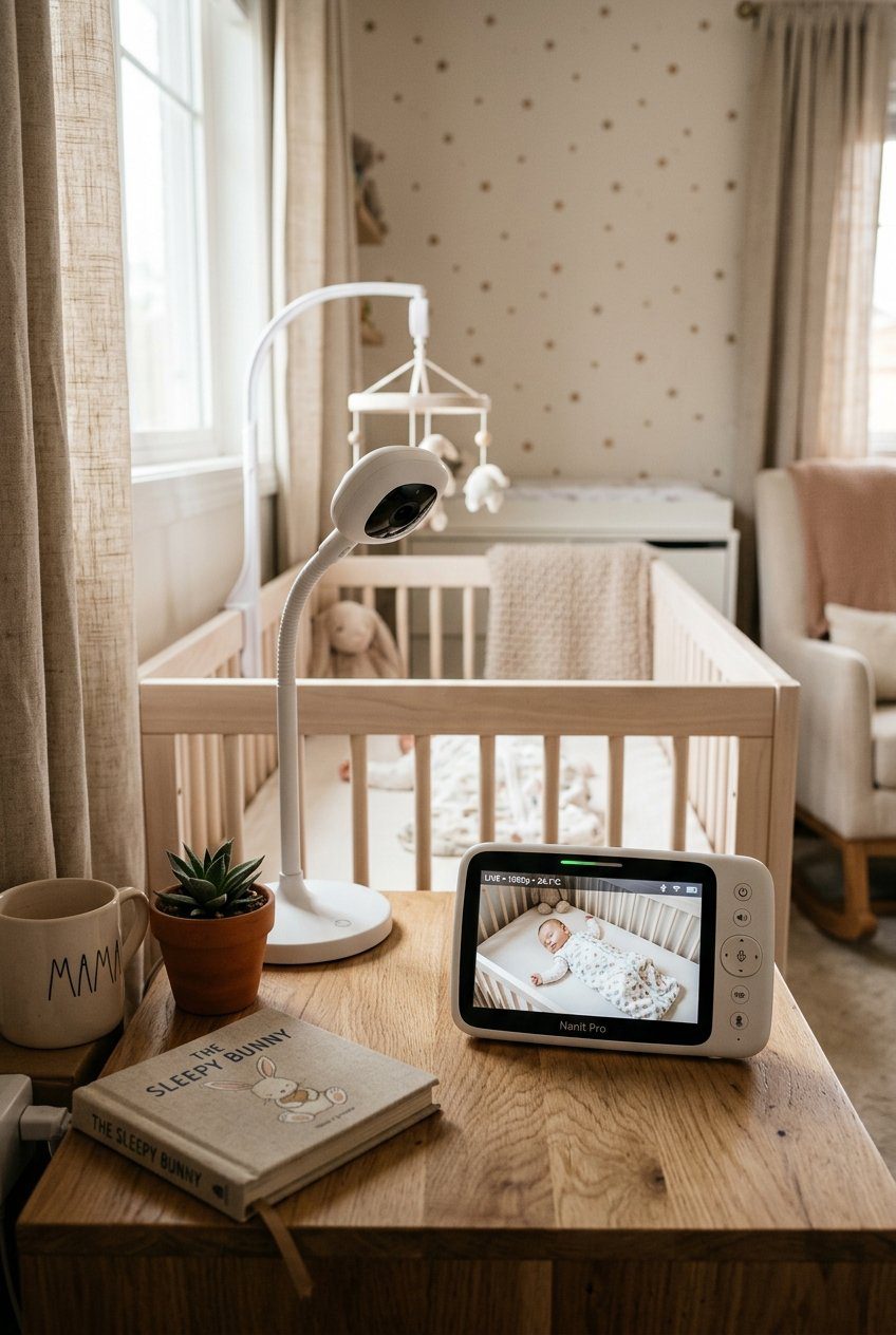 A modern HD video baby monitor camera and handheld display unit on a bedside table