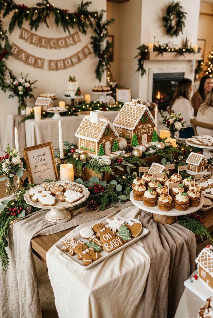 A dessert table featuring decorated gingerbread cookies, mini spice cakes, and warm neutral linens